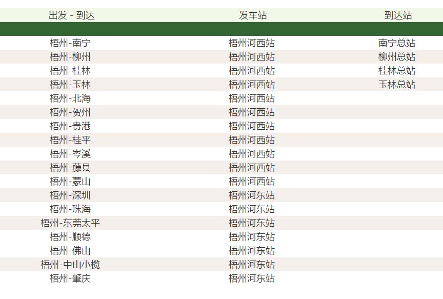 梧州长途汽车线路表